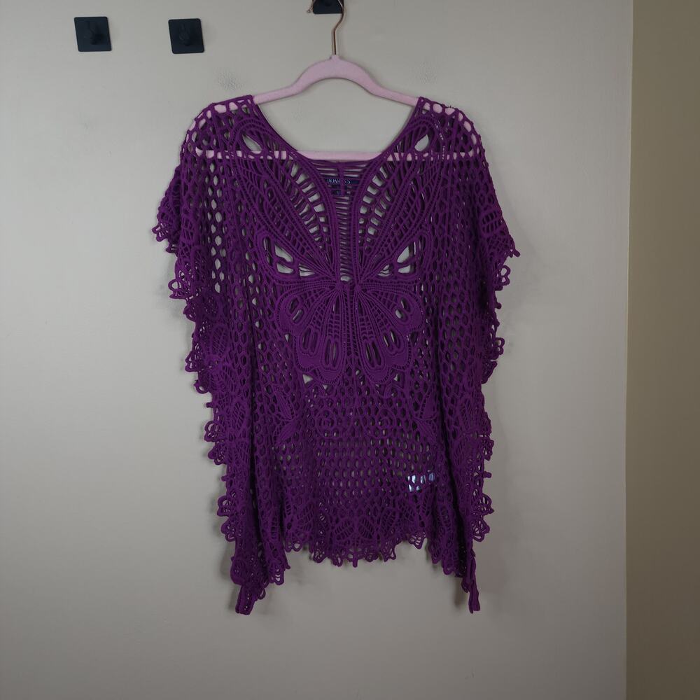 Roaman's Purple Crochet Butterfly Button-Down Top